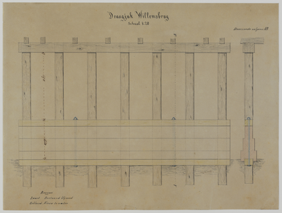 214398 Opstand/doorsnede van een van de houten jukken, aangebracht ter versterking van de Willemsbrug te Utrecht.